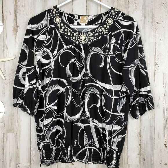 JM Collections Pearl Embellished Scoop Neck Top PM - Picture 1 of 10